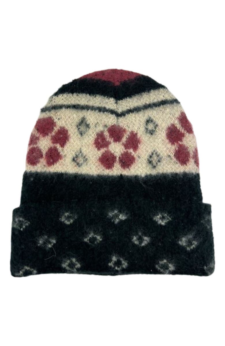 MARCUS ADLER Floral Cuffed Knit Beanie, Main, color, Black