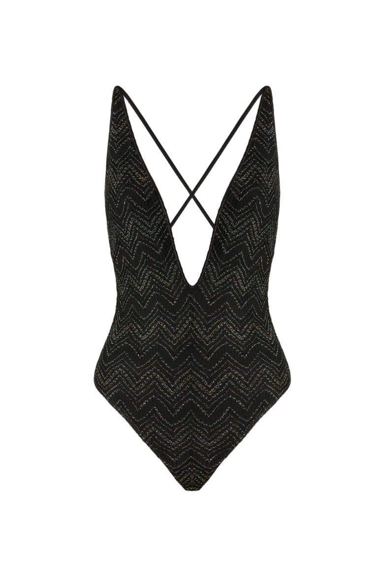 V-neck Zig Zag Lamé Viscose One-piece Swimsuit, Alternate, color, Black & Lamé