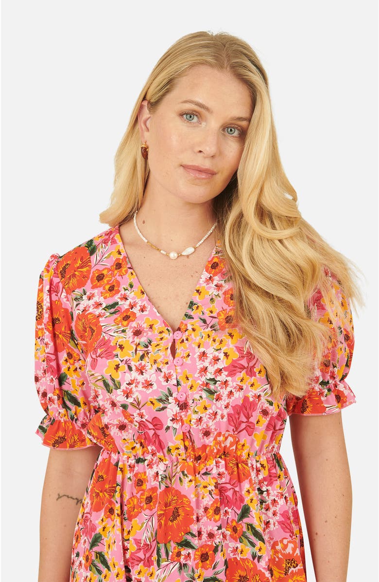 Yumi Short Sleeve V-Neck Printed Midi Dress, Alternate, color, Pink