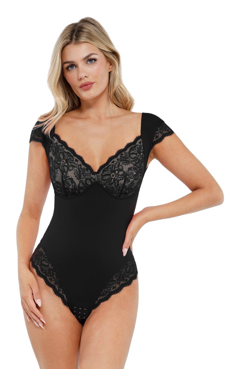 Popilush Shapewear Cap Sleeve Slimming Lace Cup Bodysuit, Alternate, color, Midnight Black