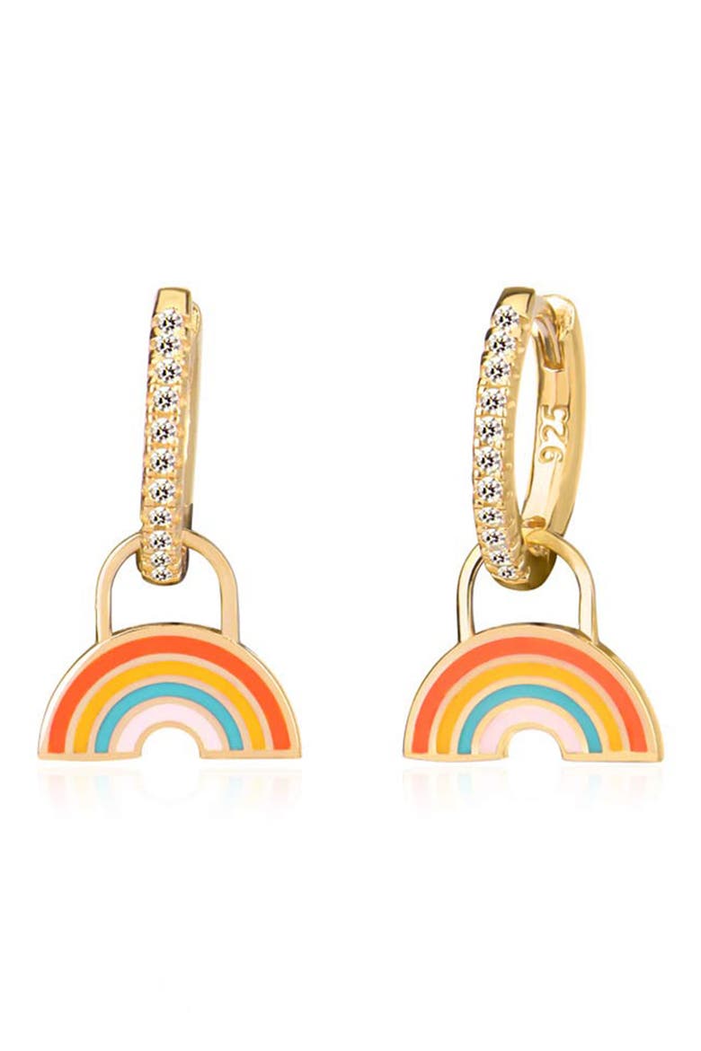 14K Gold Plated Sterling Silver CZ Rainbow Drop Huggie Hoop Earrings, Main, color, GOLD