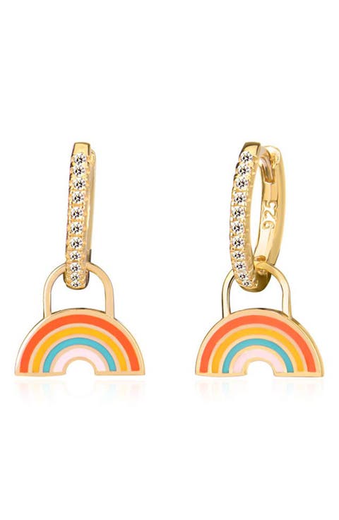 14K Gold Plated Sterling Silver CZ Rainbow Drop Huggie Hoop Earrings