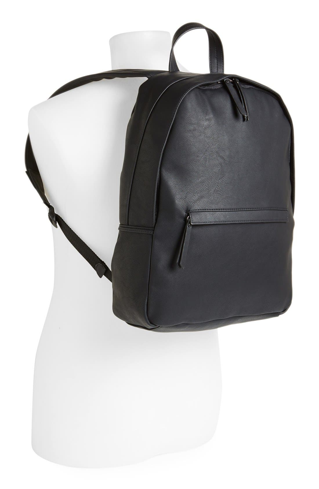 Topman Black Faux Leather Backpack, Alternate, color, 