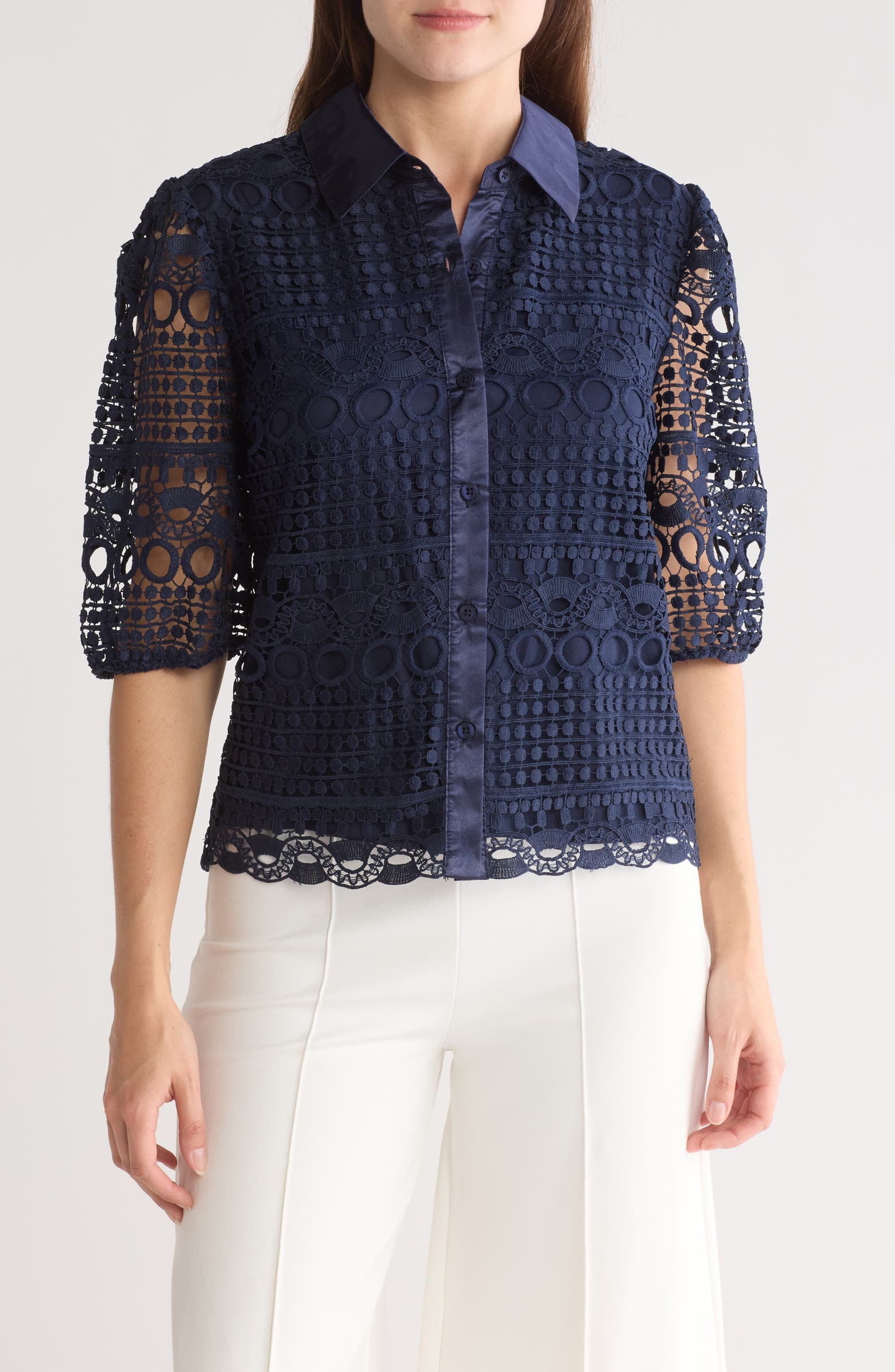 BY DESIGN Brianna Lace Puff Sleeve Button-Up Top | Nordstromrack