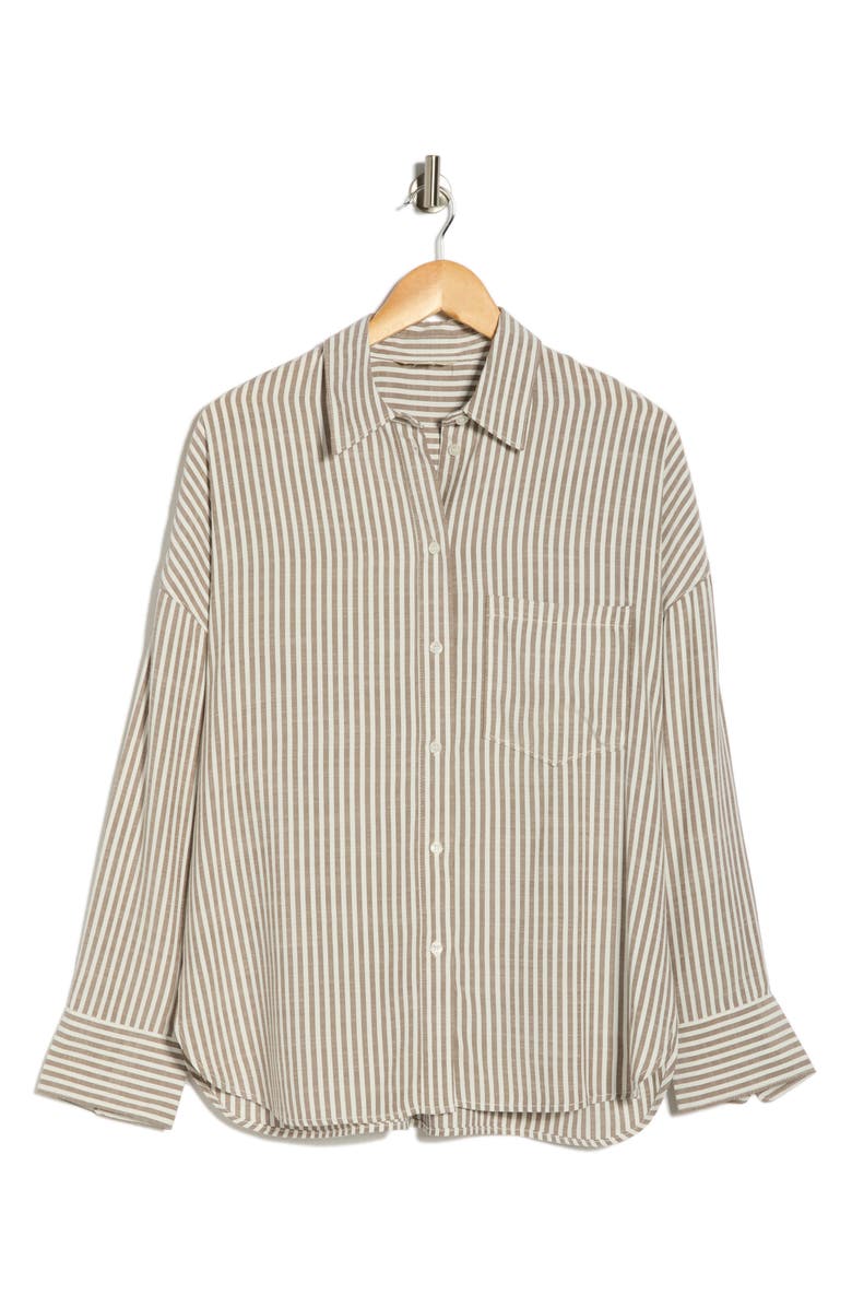 MAX STUDIO Oversize Stripe Button-Up Shirt, Main, color, Toffee/ Black Frame Stripe