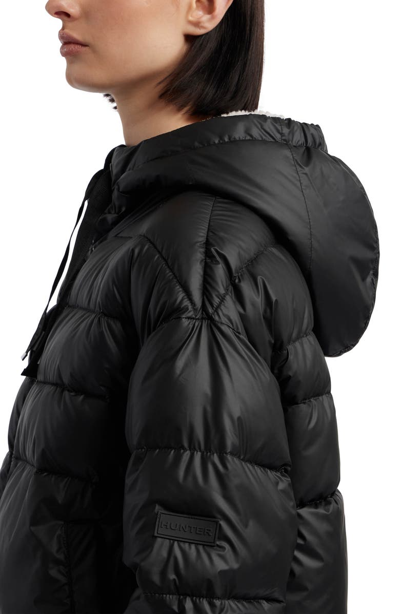 Hunter Admiral Water Repellent Faux Shearling Lined Hooded Crop Puffer Jacket, Alternate, color, Black