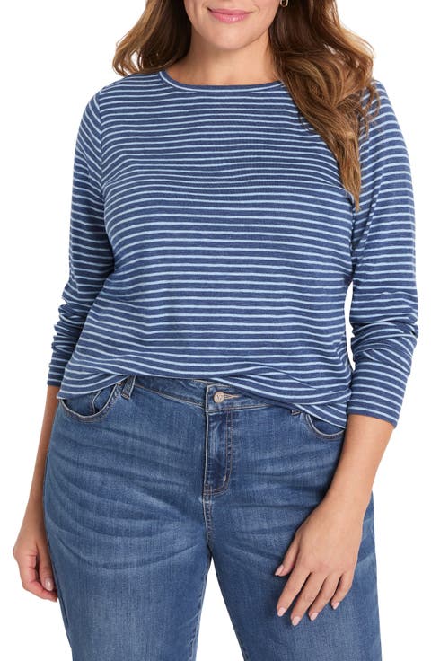 Stripe Long Sleeve Cotton Blend T-Shirt (Plus)