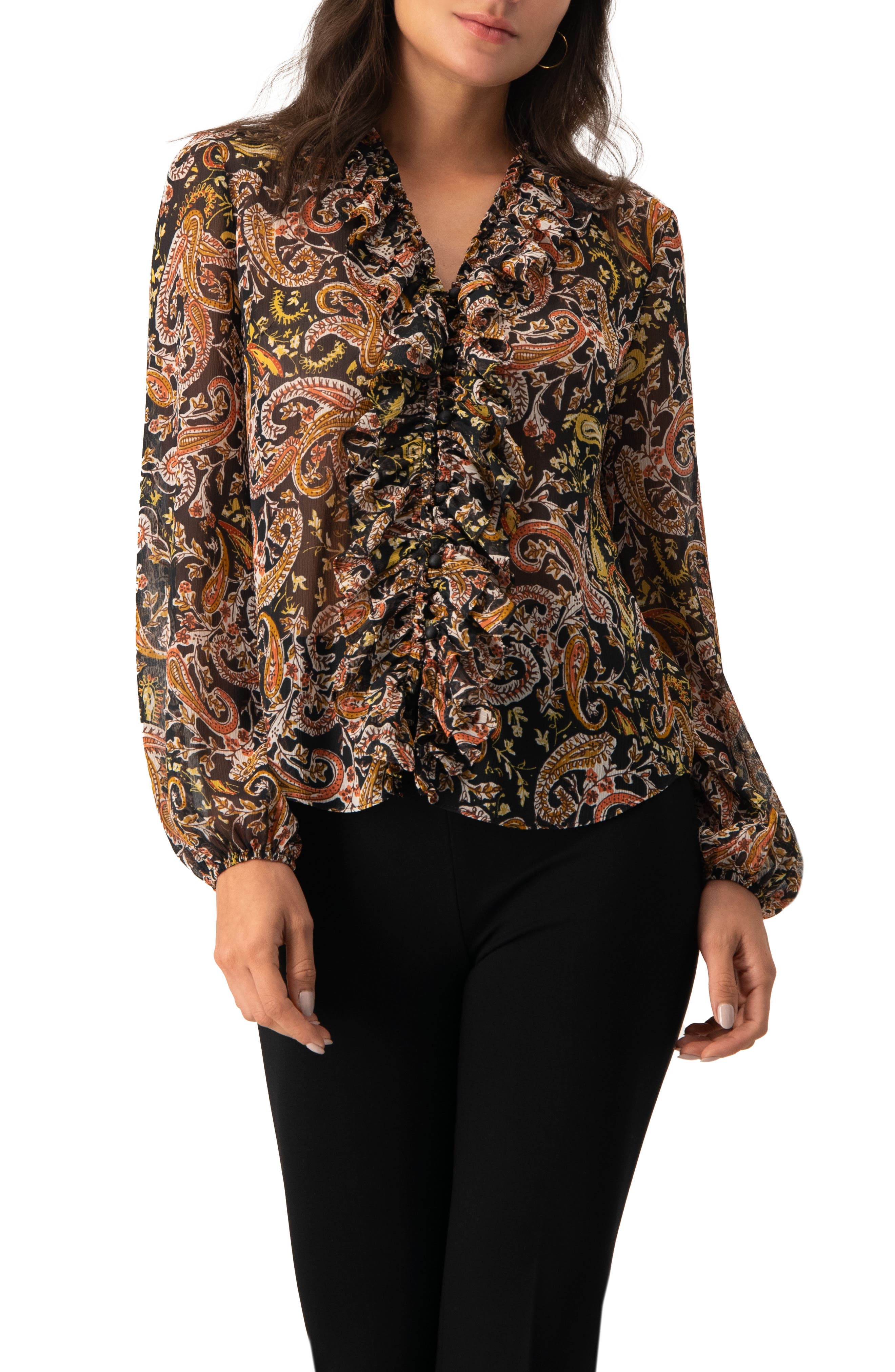 V-Neck Ruffle Trim Printed Blouse