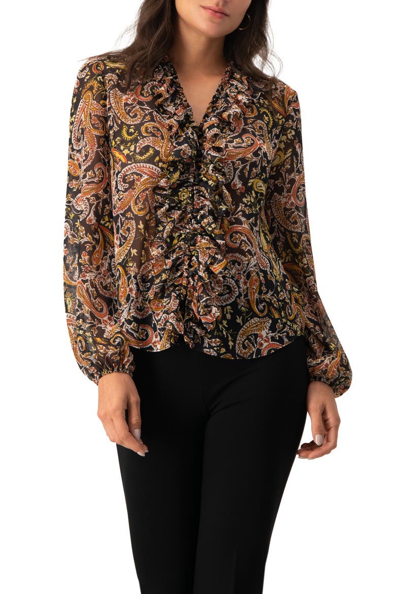 V-Neck Ruffle Trim Printed Blouse, Main, color, Multicolor