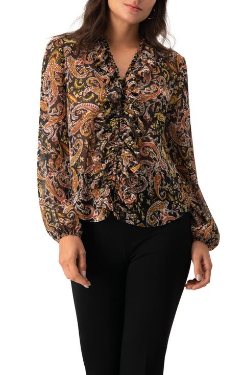 V-Neck Ruffle Trim Printed Blouse
