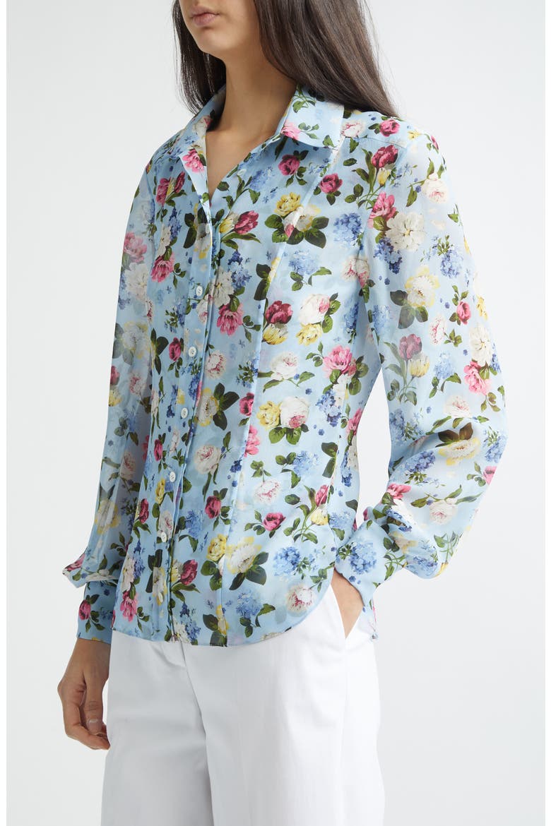 Isabella Floral Silk Crepe Button-Up Shirt, Alternate, color, CLOUDY BLUE MULTI