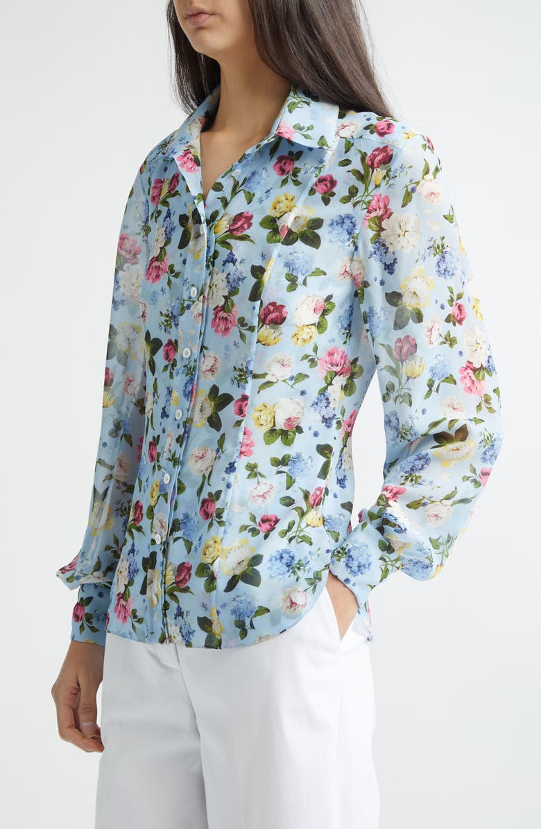 Carolina Herrera Isabella Floral Silk Crepe Button-Up Shirt, Alternate, color, Cloudy Blue Multi