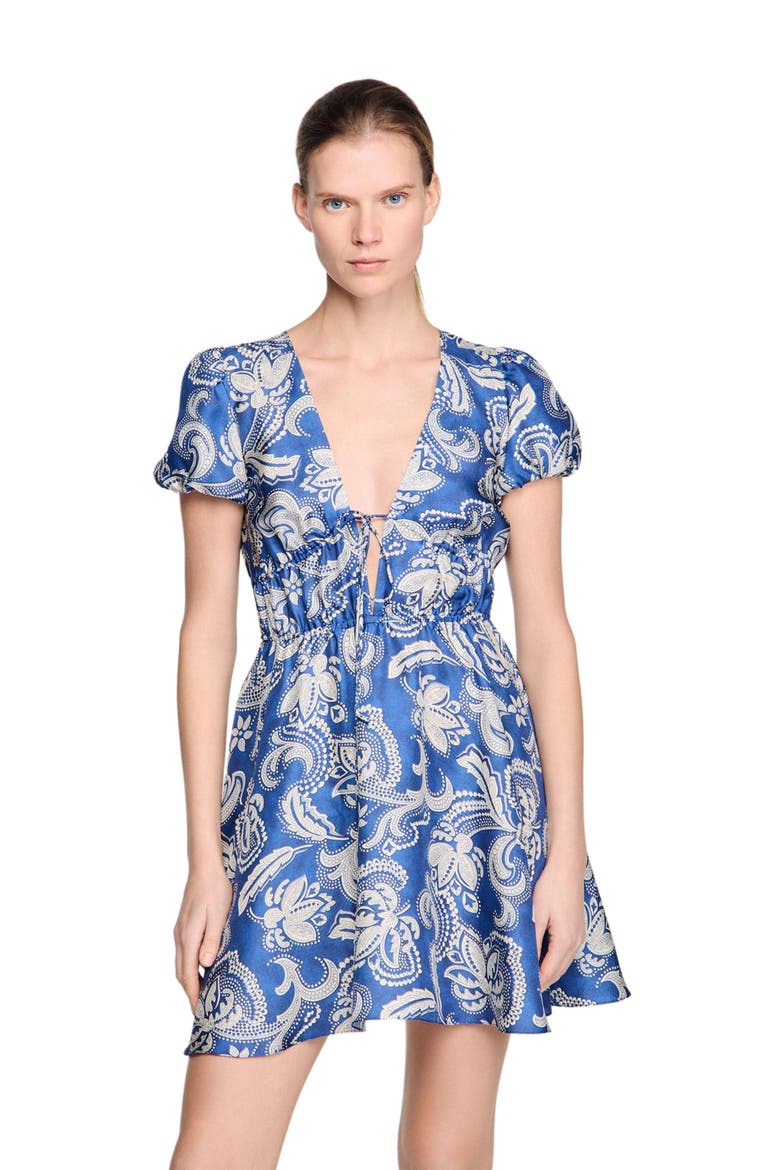 Floral print short dress, Main, color, Blue / ecru