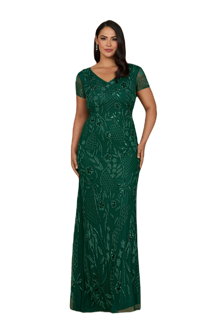 V-Neck, Short Sleeve Beaded Gown, Main, color, Dark Green