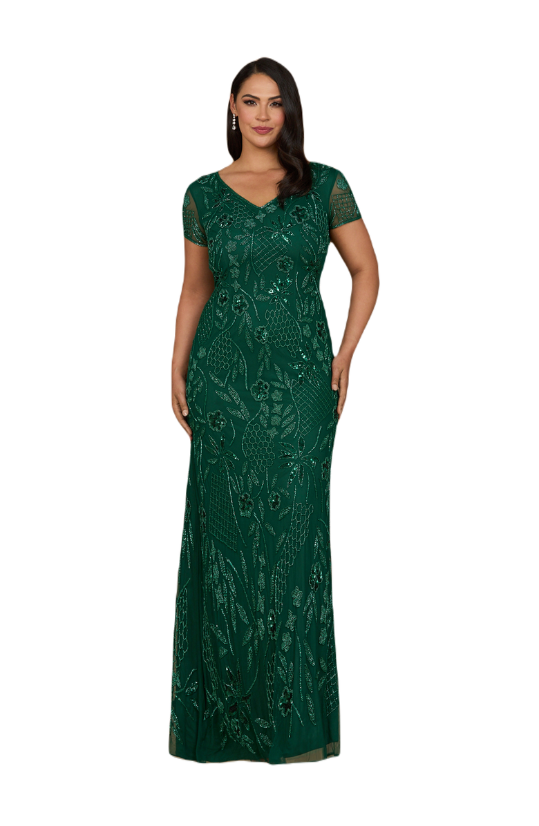 LARA New York V-Neck, Short Sleeve Beaded Gown, Main, color, Dark Green