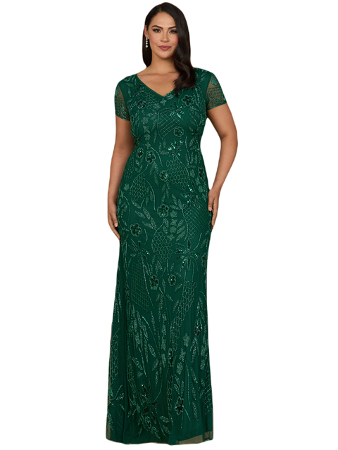 V-Neck, Short Sleeve Beaded Gown