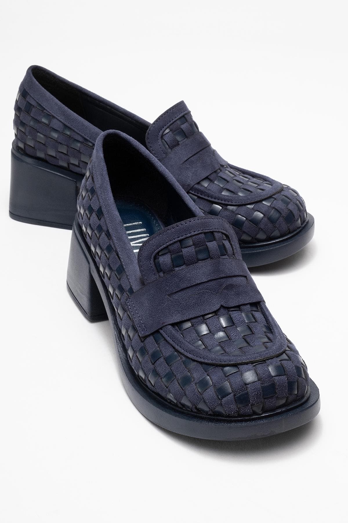 Prologue Shoes Marlon Woven Block Heel Loafer, Alternate, color, Navy Faux Leather