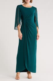 Connected Apparel Cape Sleeve Faux Wrap Gown