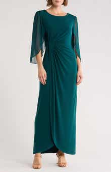 Connected Apparel Cape Sleeve Faux Wrap Gown