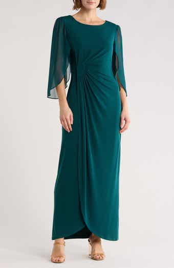 Connected Apparel Cape Sleeve Faux Wrap Gown