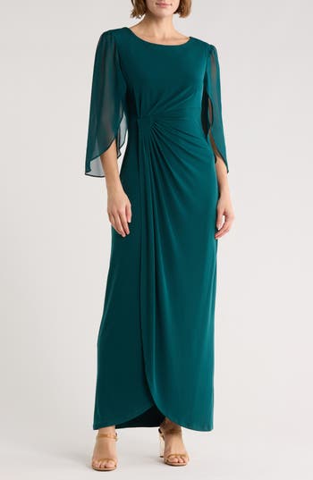 Connected Apparel Cape Sleeve Faux Wrap Gown In Green