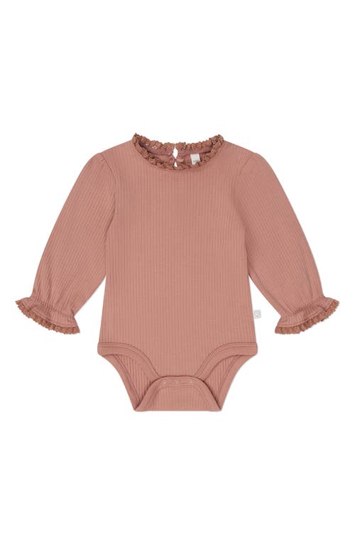 Mori Ruffle Trim Long Sleeve Rib Bodysuit In Rose Frill