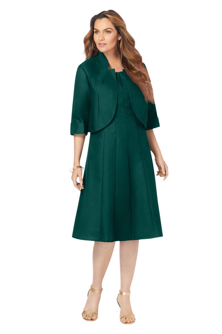 Plus Size Elbow Sleeve Fit And Flare Dress With Bolero Jacket 2 Piece Suit, Main, color, EMERALD GREEN