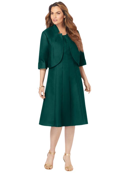 Plus Size Elbow Sleeve Fit And Flare Dress With Bolero Jacket 2 Piece Suit