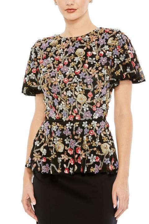Floral Embellished Butterfly Sleeve Peplum Top