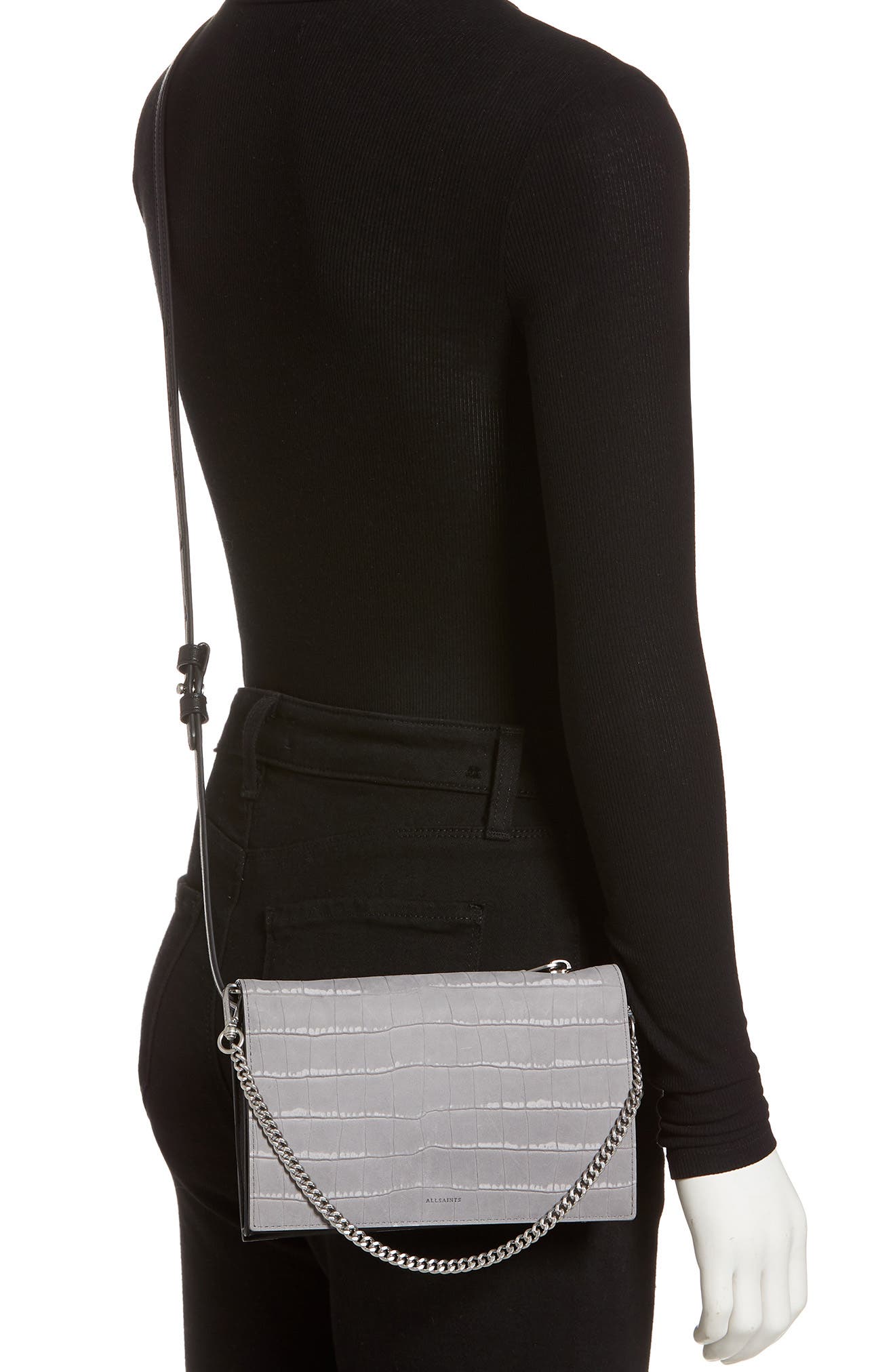 AllSaints Claremont Croc Embossed Leather Crossbody, Alternate, color, 