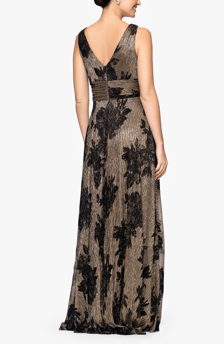 Betsy & Adam Flock Floral Metallic Crinkle Gown, Alternate, color, Black/ Gold