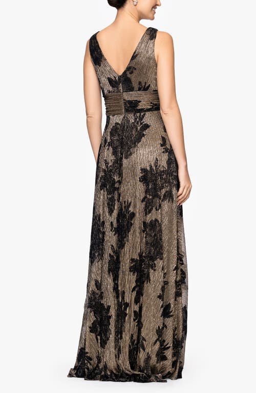 Betsy & Adam Flock Floral Metallic Crinkle Gown In Multi