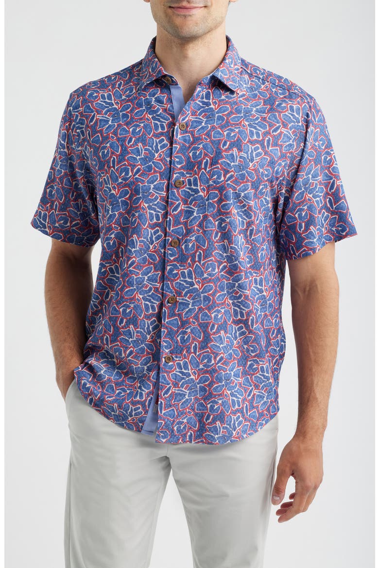 Coastal Ease Geo Rio Floral IslandZone® Short Sleeve Button-Up Shirt, Main, color, BERING BLUE