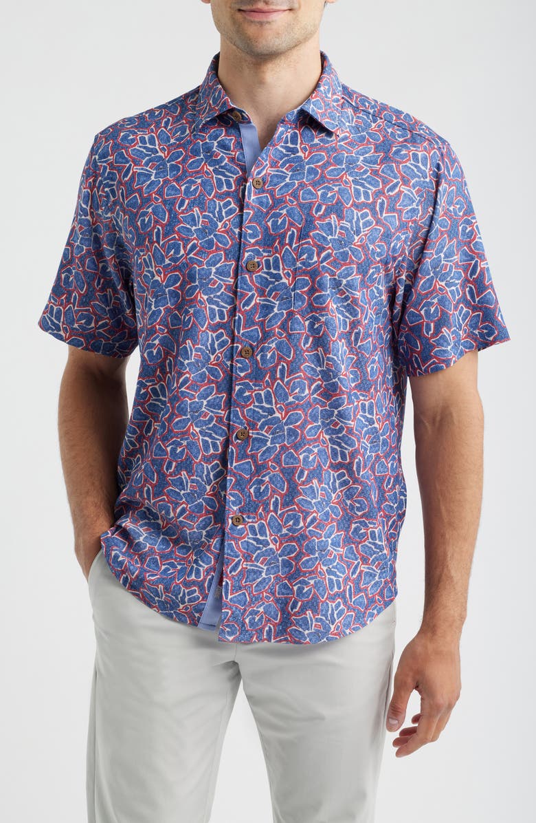 Tommy Bahama Coastal Ease Geo Rio Floral IslandZone<sup>®</sup> Short Sleeve Button-Up Shirt, Main, color, Bering Blue
