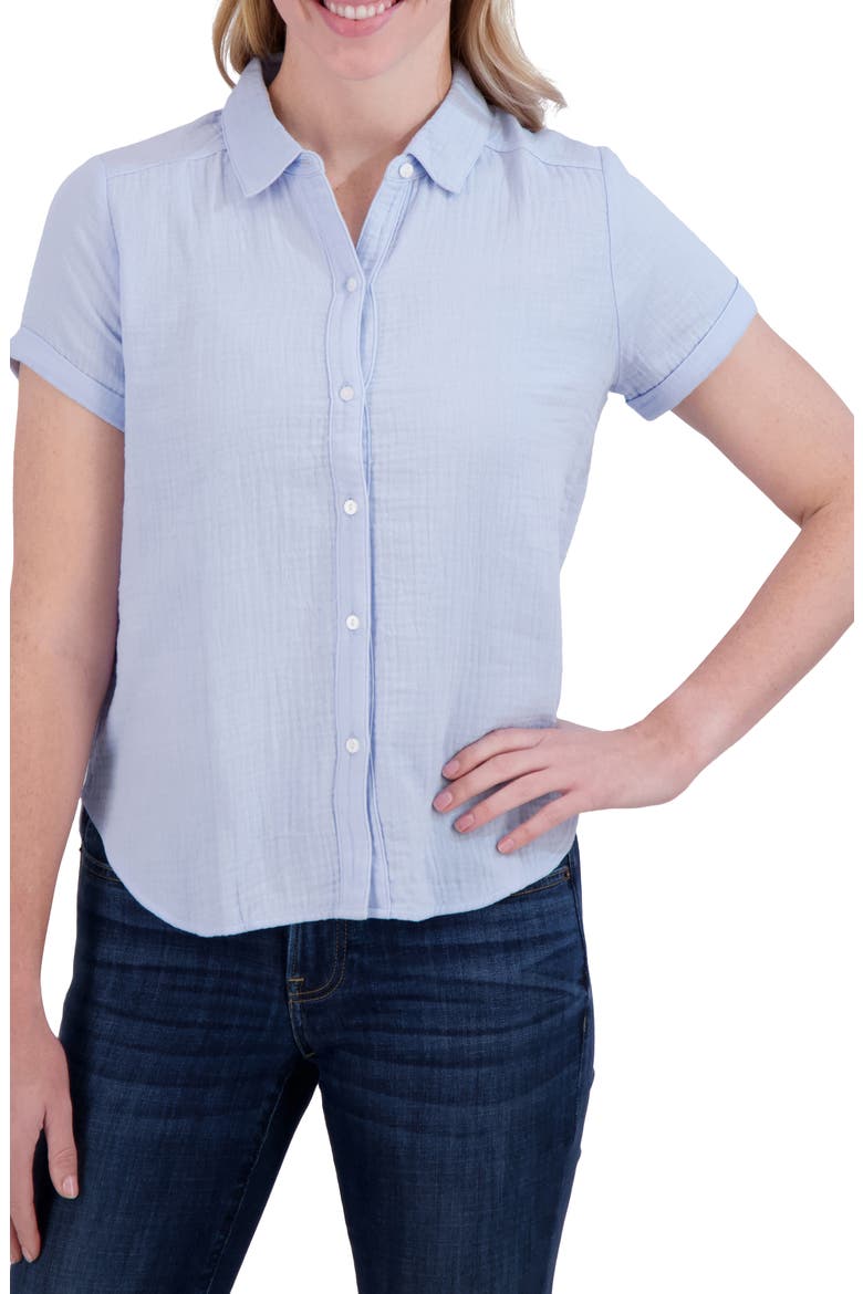 Short Sleeve Cotton Gauze Button-Up Shirt, Main, color, CHAMBRAY BLUE