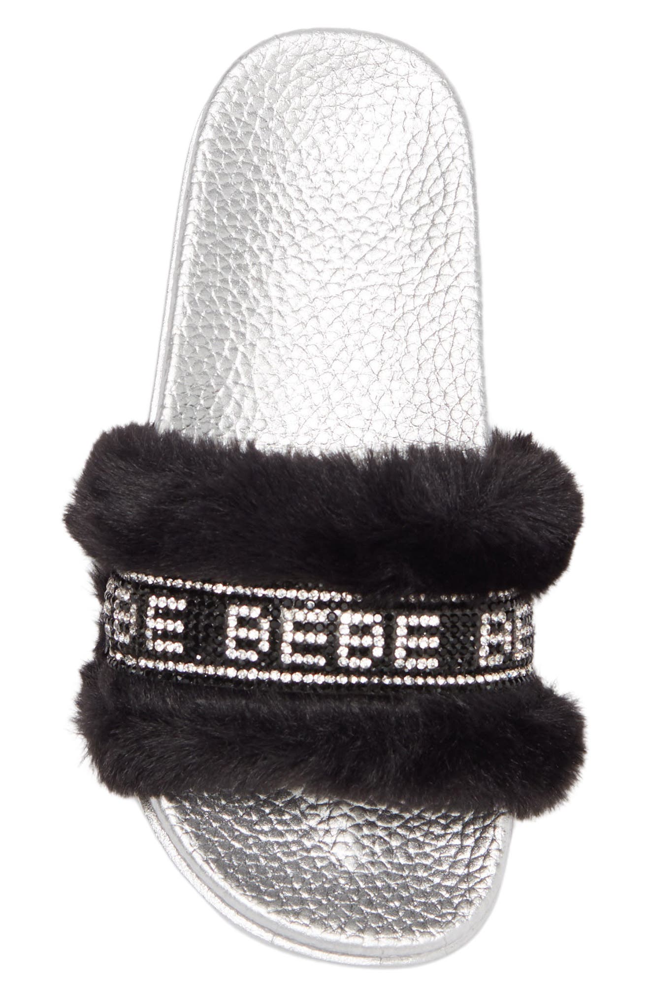 bebe Rhinestone Logo Faux Fur Slide Sandal, Alternate, color, 