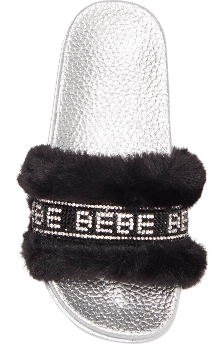 bebe Rhinestone Logo Faux Fur Slide Sandal, Alternate, color,