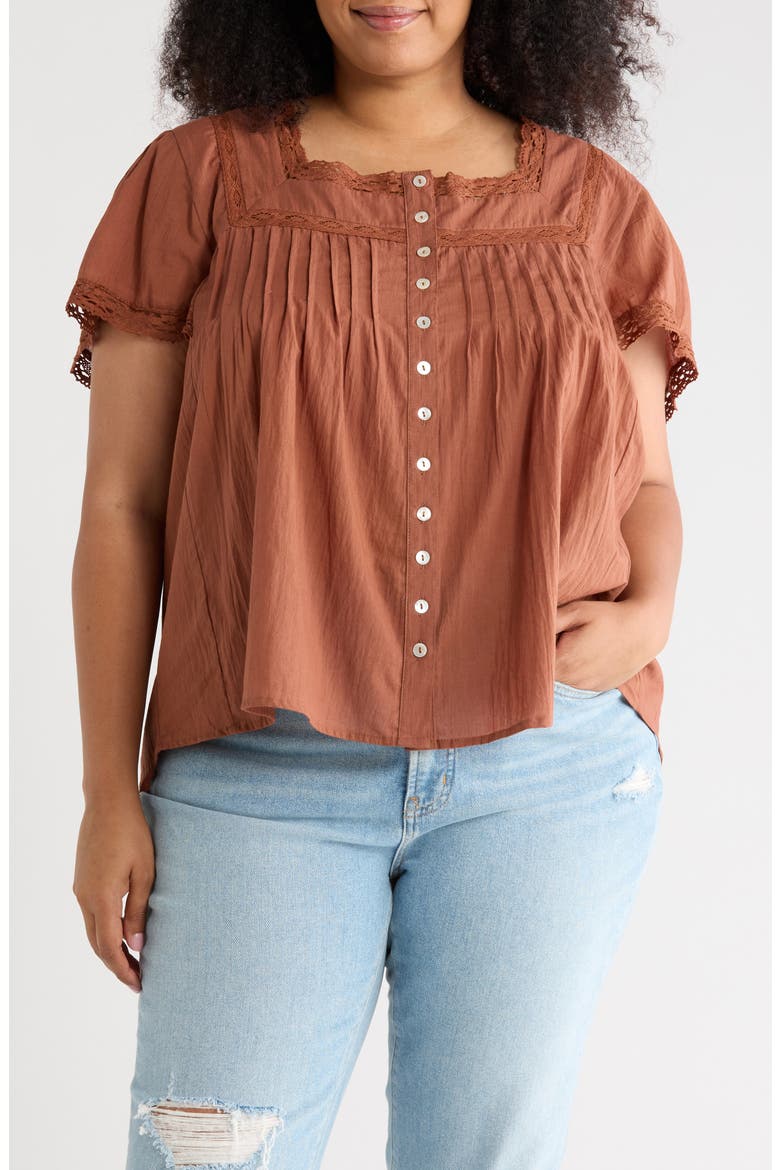 Crochet Inset Square Neck Top, Main, color, BROWN