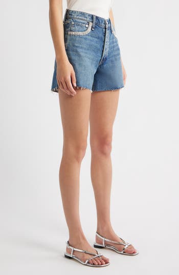 Embellished High Waist Raw Hem Cutoff Denim Shorts