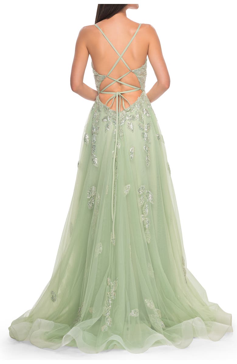 La Femme Two Tone Tulle A-Line Prom Dress with Floral Beaded Detail, Alternate, color, Sage