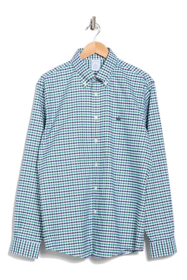 Regular Fit Gingham Non-Iron Stretch Cotton Oxford Button-Down Shirt, Alternate, color, GREEN/ NAVY GINGHAM