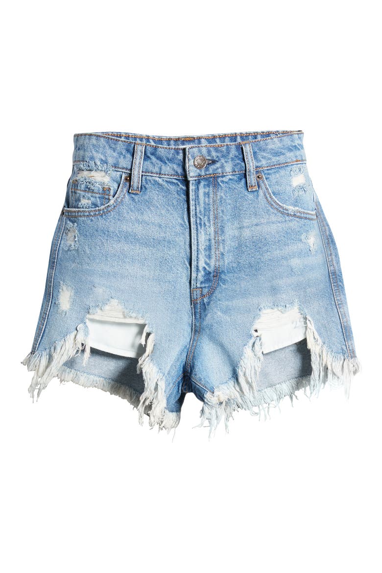 Chewed Hem High Waist Denim Shorts, Alternate, color, MEDIUM WASH
