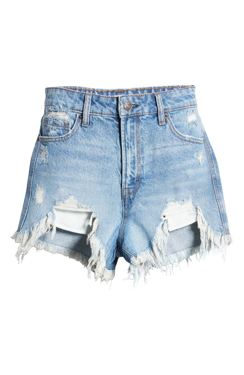 HIDDEN JEANS Chewed Hem High Waist Denim Shorts, Alternate, color, Medium Wash