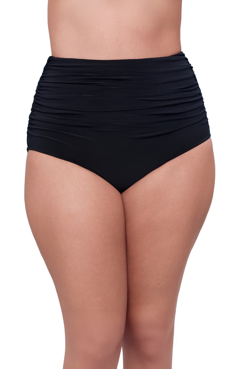 Trimshaper High Waist Shirred Plus Size Control Swim Brief, Main, color, Black