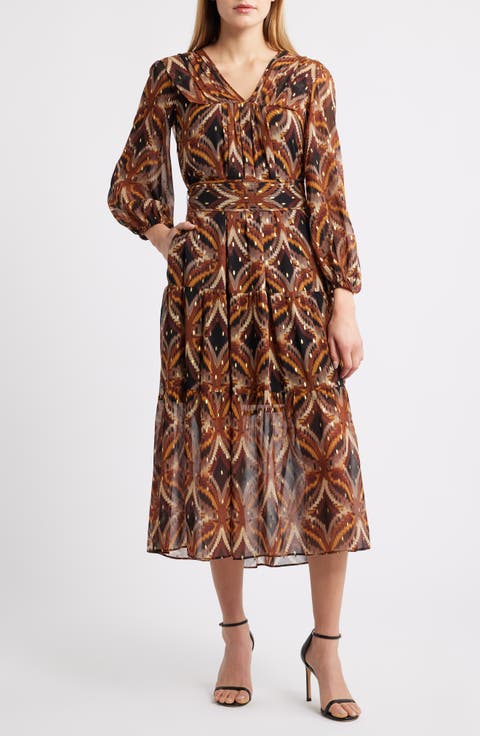 Metallic Fleck Abstract Print Long Sleeve Chiffon Dress