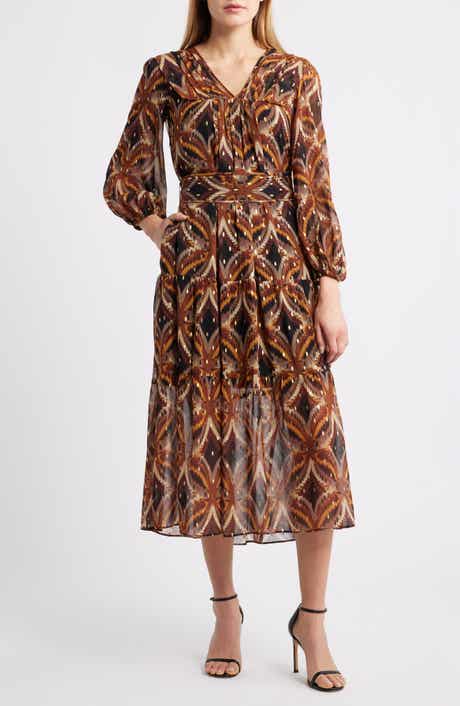 Julia Jordan Metallic Fleck Abstract Print Long Sleeve Chiffon Dress