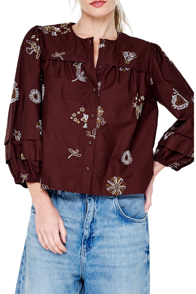 Liliane Embroidered Cotton Poplin Shirt, Main, color, BROWN