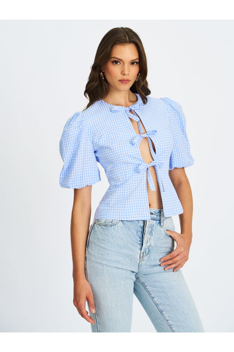 Qusayla GinghamCheck Puff Sleeve Tie Detail Top, Alternate, color, Blue
