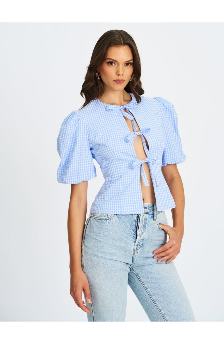 Miss Circle Qusayla GinghamCheck Puff Sleeve Tie Detail Top, Alternate, color, Blue
