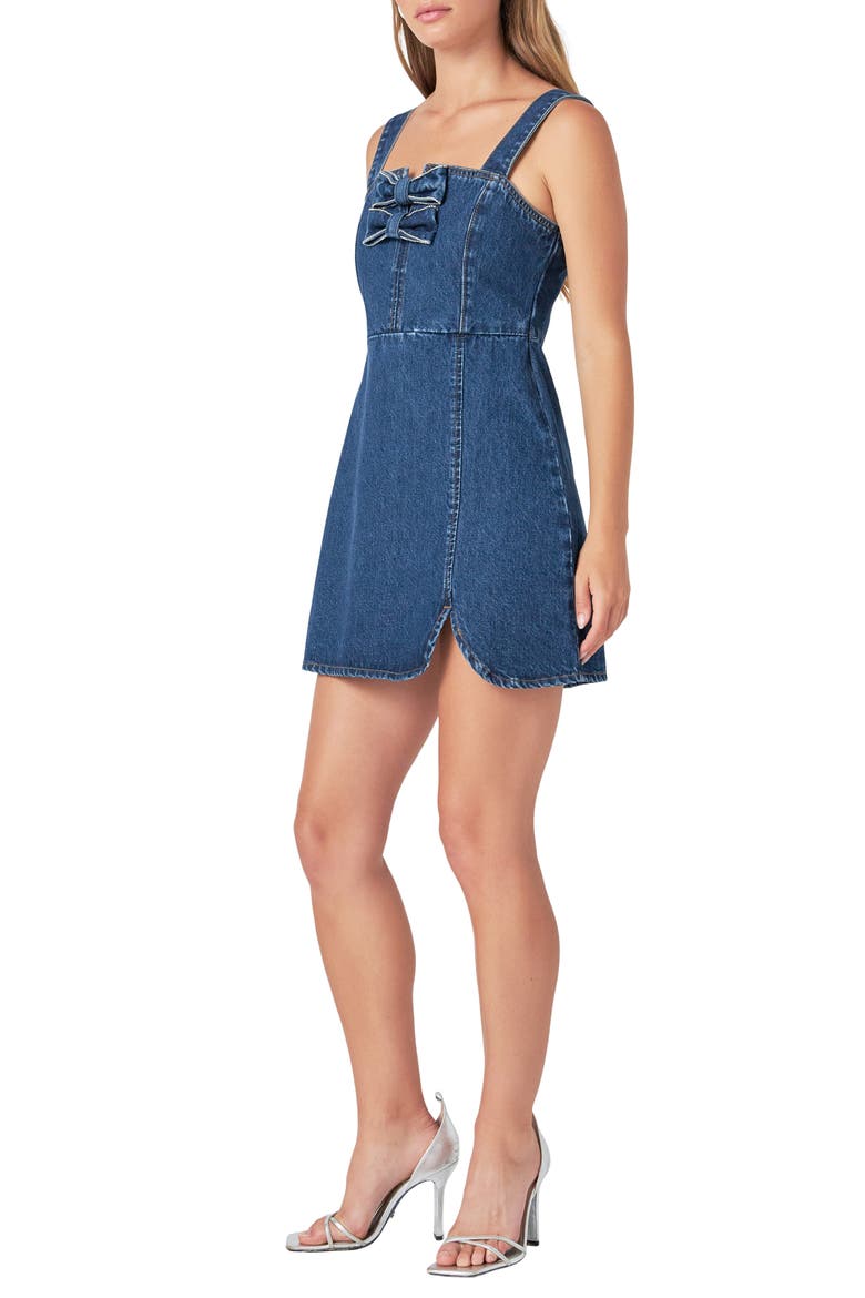 Rhinestone Bow Trim Denim Minidress, Alternate, color, BLUE
